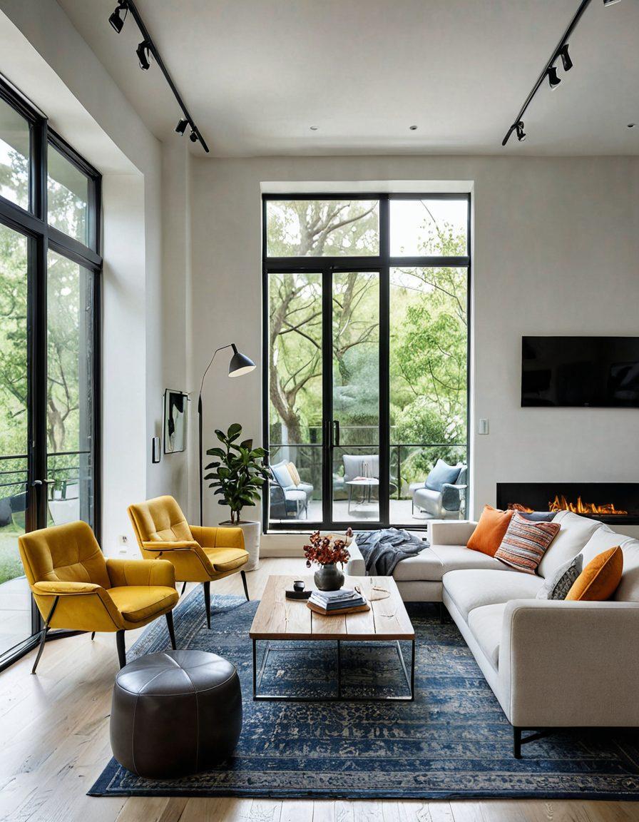 A modern living room illuminated with natural light, showcasing various stylish light fixtures and innovative electrical solutions like smart switches and LED strips. Include a cozy workspace with an energy-efficient electric outlet and a glimpse of a well-lit outdoor patio. The atmosphere is inviting and bright, reflecting both home comfort and professional elegance. super-realistic. vibrant colors. white background.