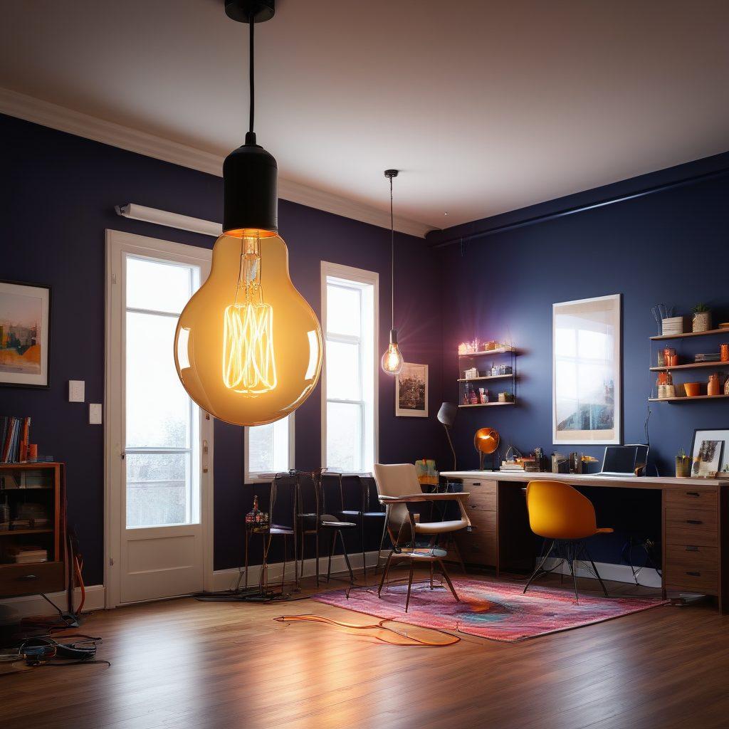 A dynamic scene showcasing a skilled electrician expertly installing modern lighting fixtures in a stylish room, with vibrant tools and colorful sparks illuminating the space. The background features a before-and-after transformation of the environment, highlighting the impact of electrical services. A glowing light bulb symbolically represents new ideas and innovation. super-realistic. vibrant colors. 3D.