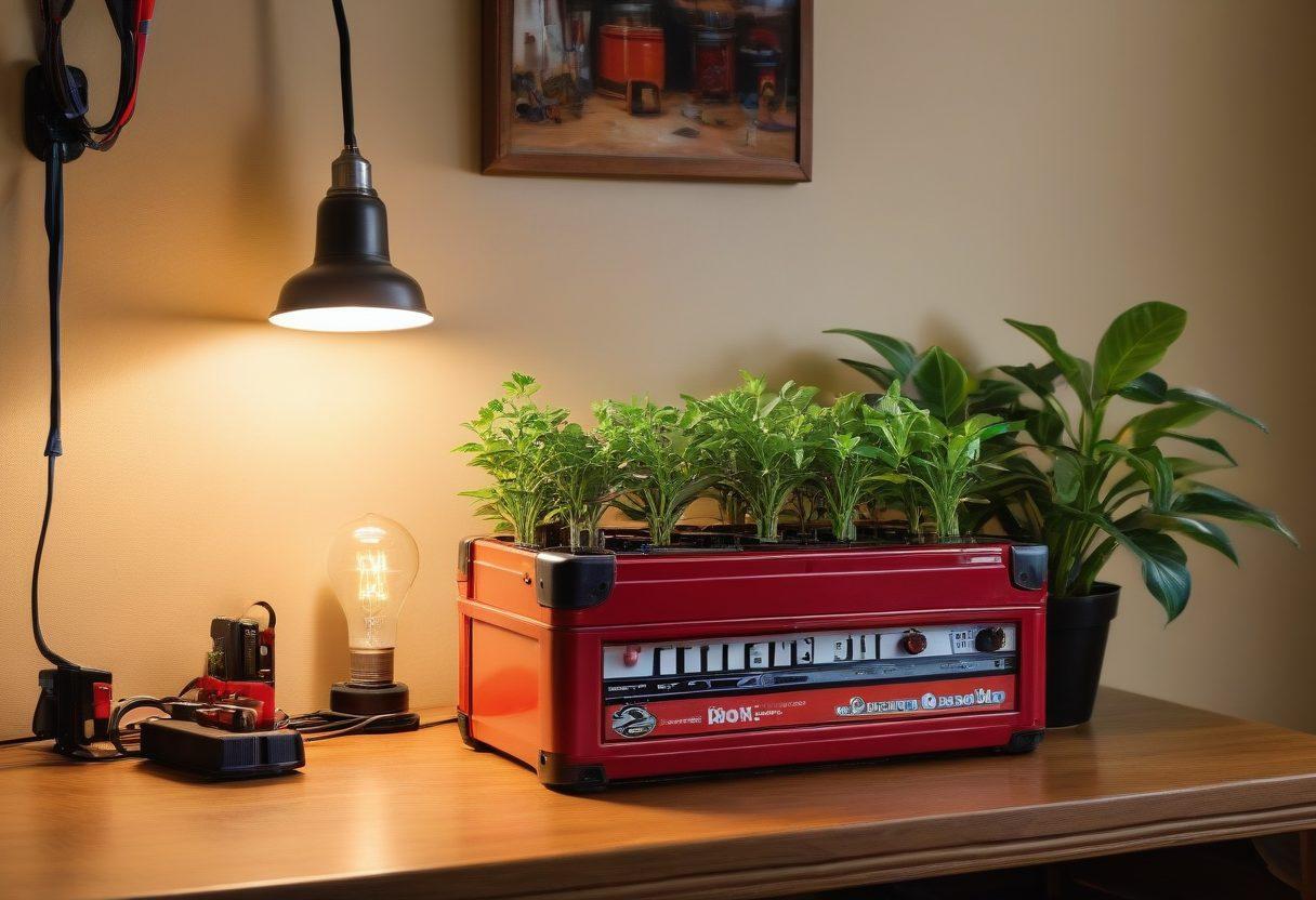 A bright and inviting home interior showcasing a glowing light bulb representing safety and brightness, with a toolbox filled with electrical maintenance tools beside it. In the background, an upgraded electrical panel with wires neatly organized, surrounded by potted plants to symbolize growth and care. The scene is warm and welcoming, highlighting the importance of electrical maintenance. vibrant colors. super-realistic.